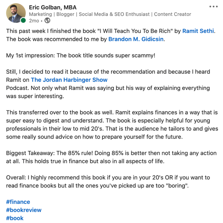 Eric Golban's LinkedIn Post reviewing the book 'I Will Teach You To Be Rich' by Ramit Sethi, and mentioning the 85% rule.