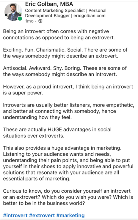 LinkedIn post about being an introvert