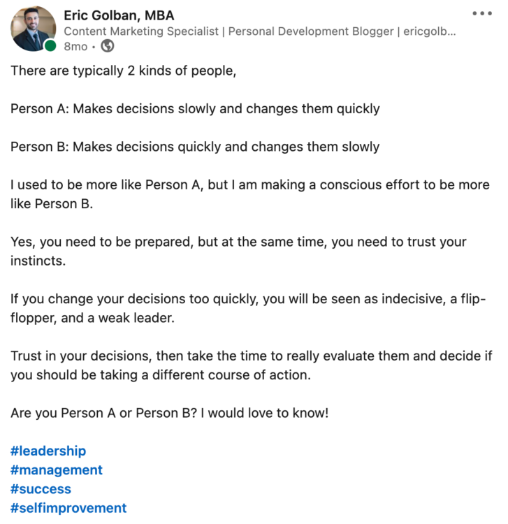 Eric Golban LinkedIn post about decision making.