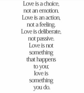Love is a choice, not an emotion. Love is an action, not a feeling. Love is deliberate, not passive. Love is not something that happens to you; love is something you do.